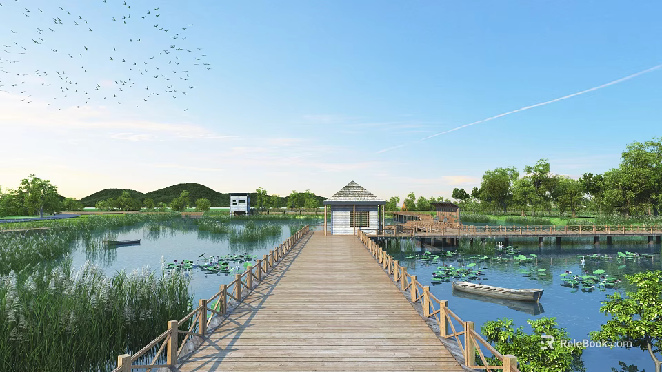 Tranquil Park Landscape With Wooden Boardwalk Lotus Flowers Small Boat Pavilion And Green Hills 3d model 