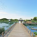 Tranquil Park Landscape With Wooden Boardwalk Lotus Flowers Small Boat Pavilion And Green Hills