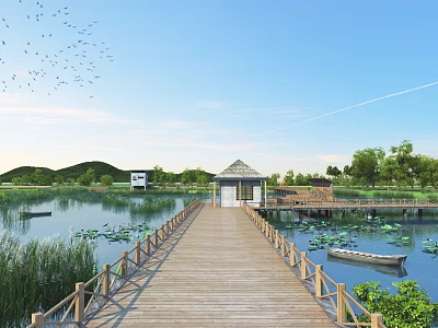 Tranquil Park Landscape With Wooden Boardwalk Lotus Flowers Small Boat Pavilion And Green Hills 3d model