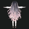 Woman With Long Pink Purple Gradient Hair In White Dress Arms Outstretched Black Background