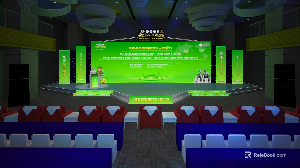 Large Conference Venue With Green Stage Speaker Red White Chairs And Big Screen 3d model 