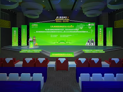 Large Conference Venue With Green Stage Speaker Red White Chairs And Big Screen 3d model