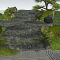 Serene Natural Garden Landscape With Large Stone Steps Green Ferns And Moss Covered Rocks