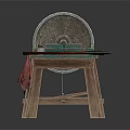 Traditional Wooden Workbench With Green Tabletop Stone Grinding Wheel And Tools