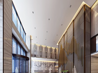 Modern Hotel Lobby Interior Design With Large Windows Decorative Wall And Ceiling Lights 3d model