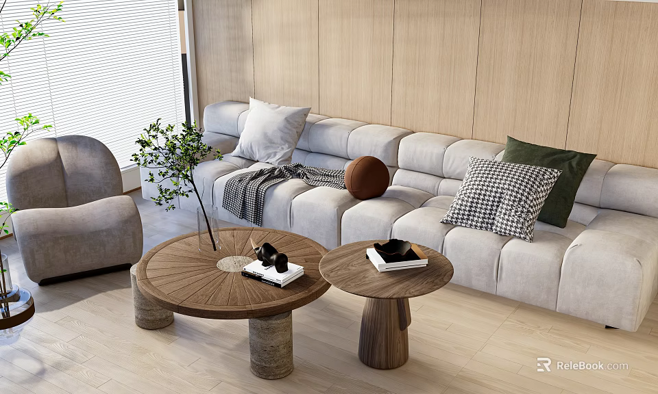 Modern Light Gray Sofa With Two Round Wooden Coffee Tables And Throw Pillows 3d model