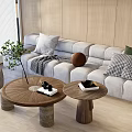 Modern Light Gray Sofa With Two Round Wooden Coffee Tables And Throw Pillows 3d model