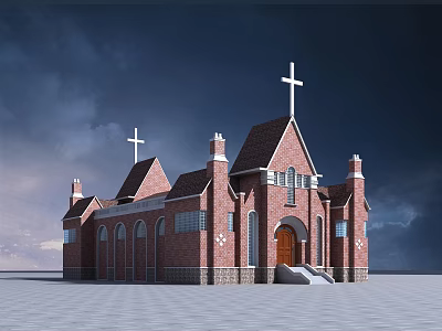 Red Brick Church Exterior With Two Crosses Steeple Arched Windows And Wooden Door 3d model