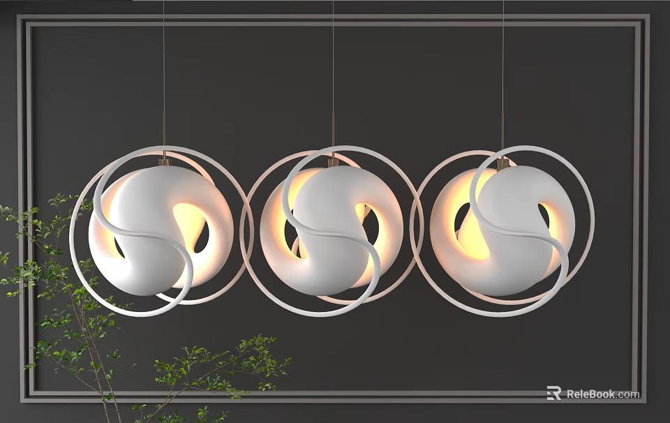 Three Modern Circular Chandeliers With White Spiral Design And Warm Light For Interior 3d model