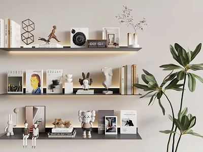 Stylish Modern Shelving Unit with Books Sculptures Photo Frames and Potted Plant 3d model