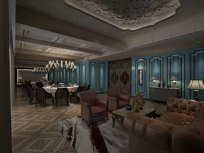 Luxurious Private Dining Room With Blue Walls Ceiling Decor And Elegant Furniture Setup 3d model