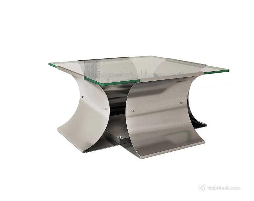 Modern Square Coffee Table With Clear Glass Top And Metal Curved Base 3d model 