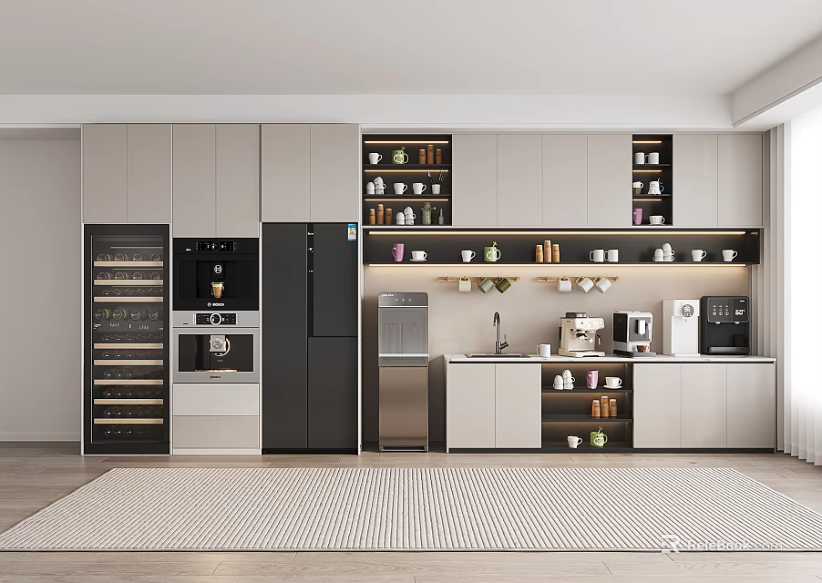 Modern Pantry Interior With Cabinets Shelves Storage Jars Coffee Maker And Refrigerator 3d model 