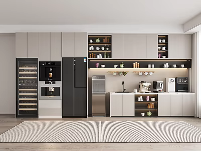 Modern Pantry Interior With Cabinets Shelves Storage Jars Coffee Maker And Refrigerator 3d model