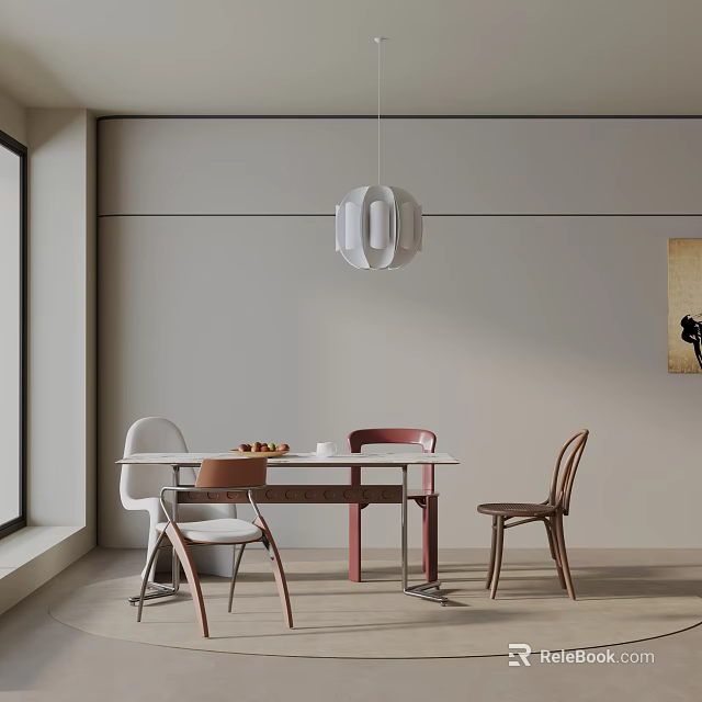 Modern Dining Table Set With Mixed Color Chairs White Pendant Light And Wall Art Interior 3d model 