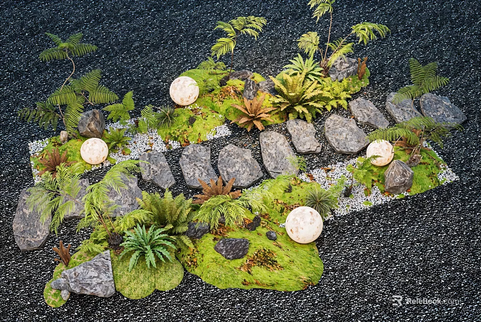 Lush Flowering Plants And Ferns With Decorative Stones Green Moss Natural Garden Landscape Design 3d model 