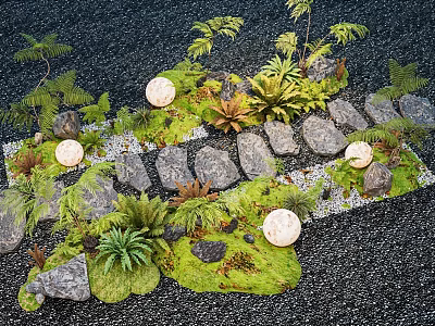 Lush Flowering Plants And Ferns With Decorative Stones Green Moss Natural Garden Landscape Design 3d model