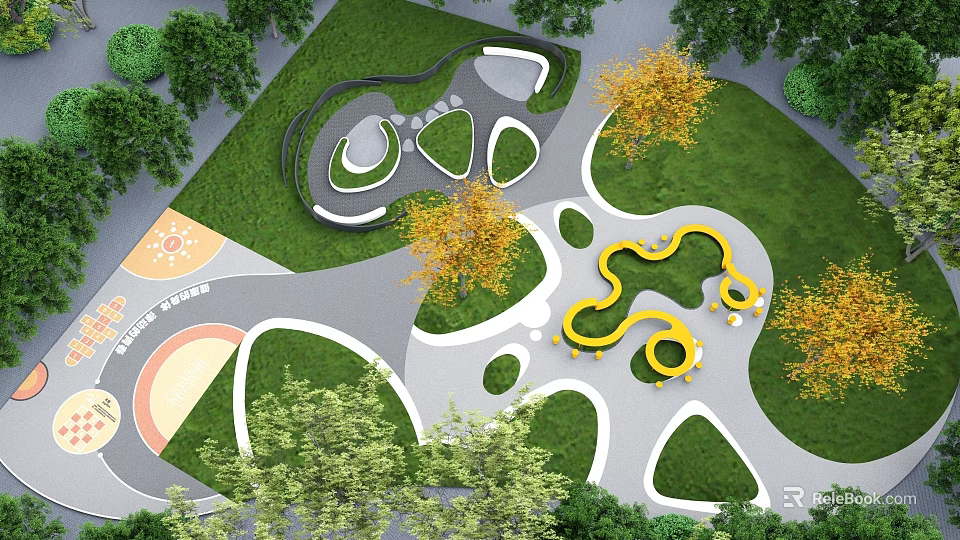 Vibrant Park Landscape Design With Green Lawns Curved Paths Yellow Leaved Trees And Play Structures 3d model 