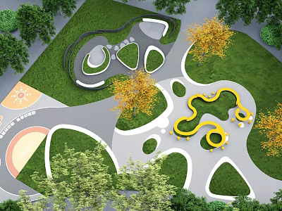Vibrant Park Landscape Design With Green Lawns Curved Paths Yellow Leaved Trees And Play Structures 3d model