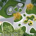 Vibrant Park Landscape Design With Green Lawns Curved Paths Yellow Leaved Trees And Play Structures