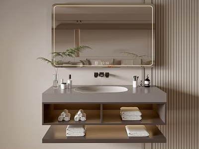 Modern Bathroom Cabinet With Mirror Sink Open Shelves Towels And Toiletries Storage 3d model