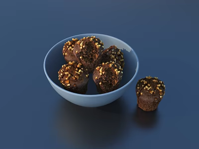 Chocolate Balls With Nut Sprinkles In Blue Bowl And Single Piece 3d model