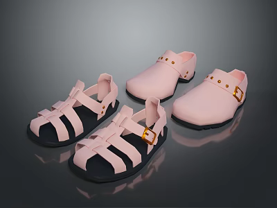 Pink Sandals With Golden Buckles And Black Soles Four Pairs Daily Use Footwear 3d model
