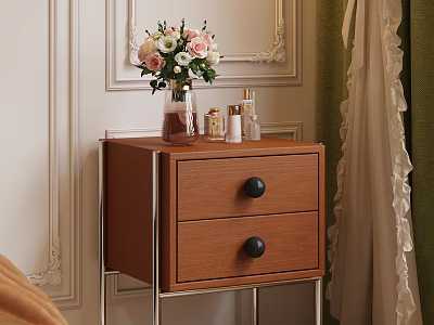 Wooden Bedside Table With Drawers Black Knobs Metal Legs And Vase With Flowers 3d model