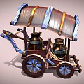 Mythical Style Wooden Mobile Cart With Blue Decorations Ornate Roof And Metal Canisters