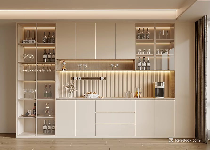 Modern Built in Wine Cabinet with Glass Doors Lighting and Drawers Displaying Wine Bottles 3d model 