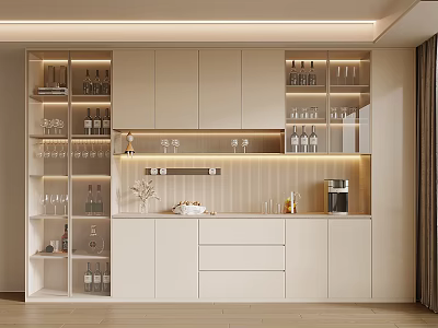 Modern Built in Wine Cabinet with Glass Doors Lighting and Drawers Displaying Wine Bottles 3d model