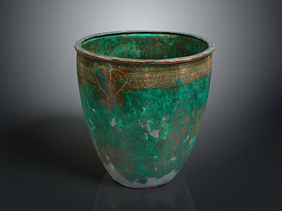 Decorative Vintage Green Ceramic Pot With Copper Rim And Textured Design 3d model