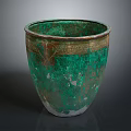 Decorative Vintage Green Ceramic Pot With Copper Rim And Textured Design