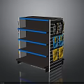 Retail Store Shelving Unit With Blue Layers Black Frame And Colorful Products