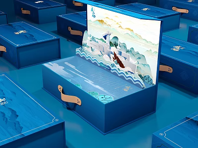 Ornament Decoration Set in Open Blue Box with Mountain Water Boat Patterns and Traditional Elements 3d model