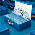 Ornament Decoration Set in Open Blue Box with Mountain Water Boat Patterns and Traditional Elements