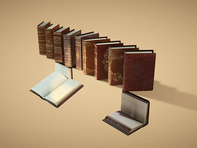 Vintage Books With Various Designs Arranged In A Row And Open Pages 3d model