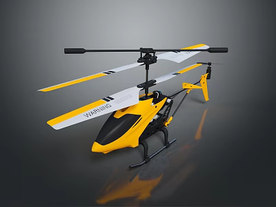 Yellow and white remote control helicopter with black and white rotors and sleek body 3d model