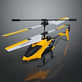 Yellow and white remote control helicopter with black and white rotors and sleek body