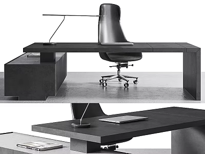Modern Black Office Desk With Ergonomic Chair Desk Lamp Laptop And Documents 3d model