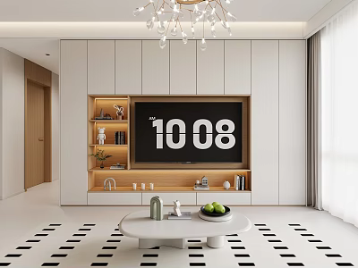 Living Room Modern White TV Cabinet With Large TV Storage Shelves Decorations And Green Plants 3d model