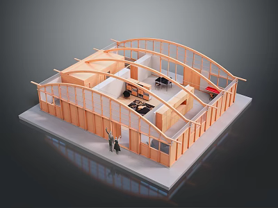 Scenic Architectural Model Featuring Wooden Frame Curved Roof Interior Kitchen And Two People 3d model