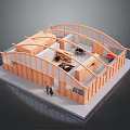 Scenic Architectural Model Featuring Wooden Frame Curved Roof Interior Kitchen And Two People