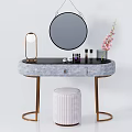 Modern Elegant Dressing Table Design With Round Mirror Table Lamp And Padded Stool 3d model