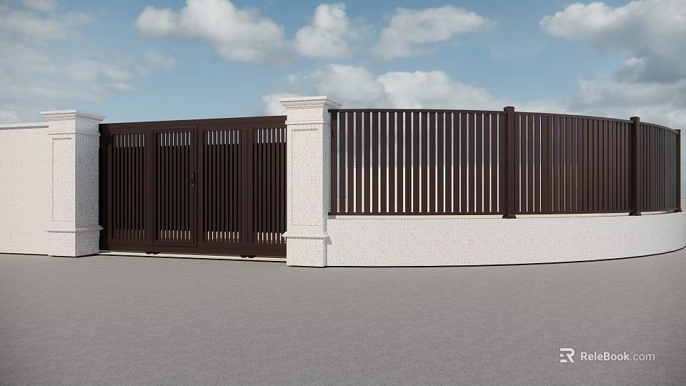 Stylish Entry Gate With Dark Wooden Design White Pillars And Fence Under Blue Sky 3d model 