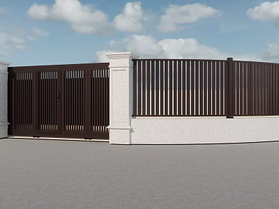 Stylish Entry Gate With Dark Wooden Design White Pillars And Fence Under Blue Sky 3d model