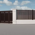 Stylish Entry Gate With Dark Wooden Design White Pillars And Fence Under Blue Sky