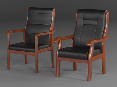 Classic High Back Office Chair With Black Leather Seat And Wooden Armrests 3d model