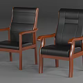 Classic High Back Office Chair With Black Leather Seat And Wooden Armrests