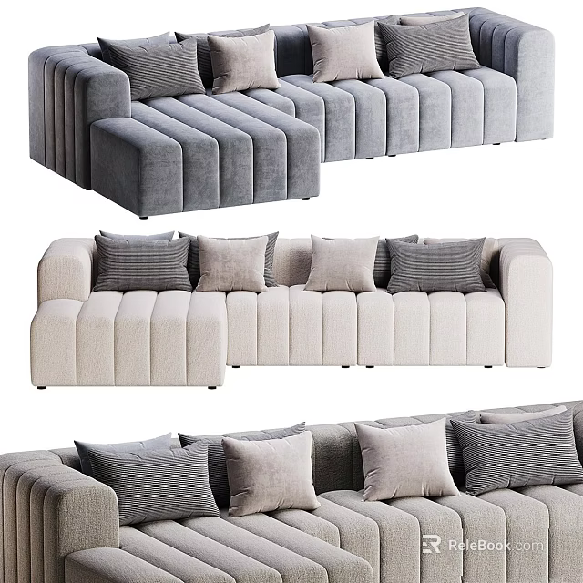 Modern Double Sofa Design With Beige Gray Upholstery And Decorative Cushions 3d model 